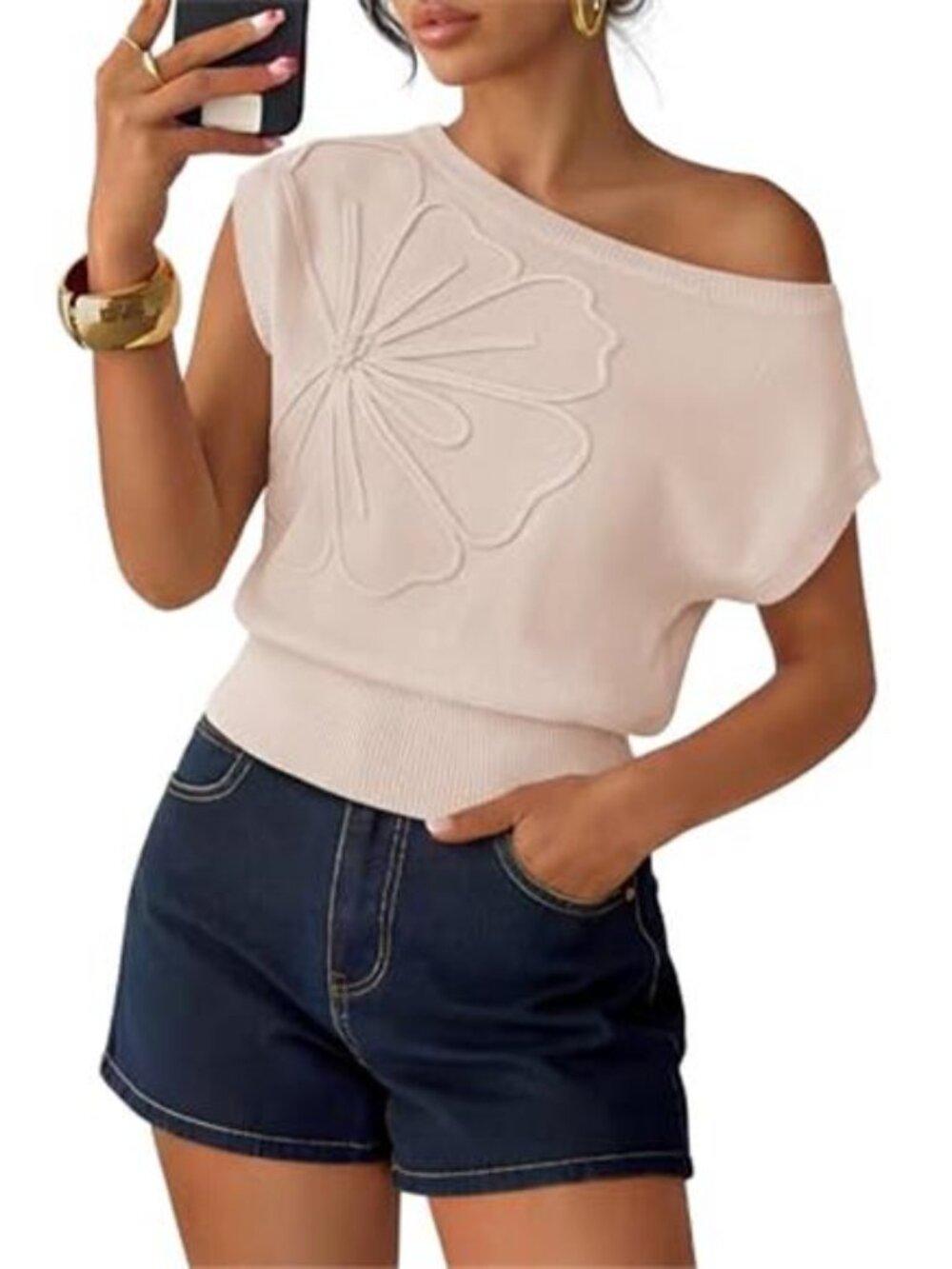 Women's Summer Short Sleeve Sweater Vest 2026 Spring Off Shoulder Floral Knit